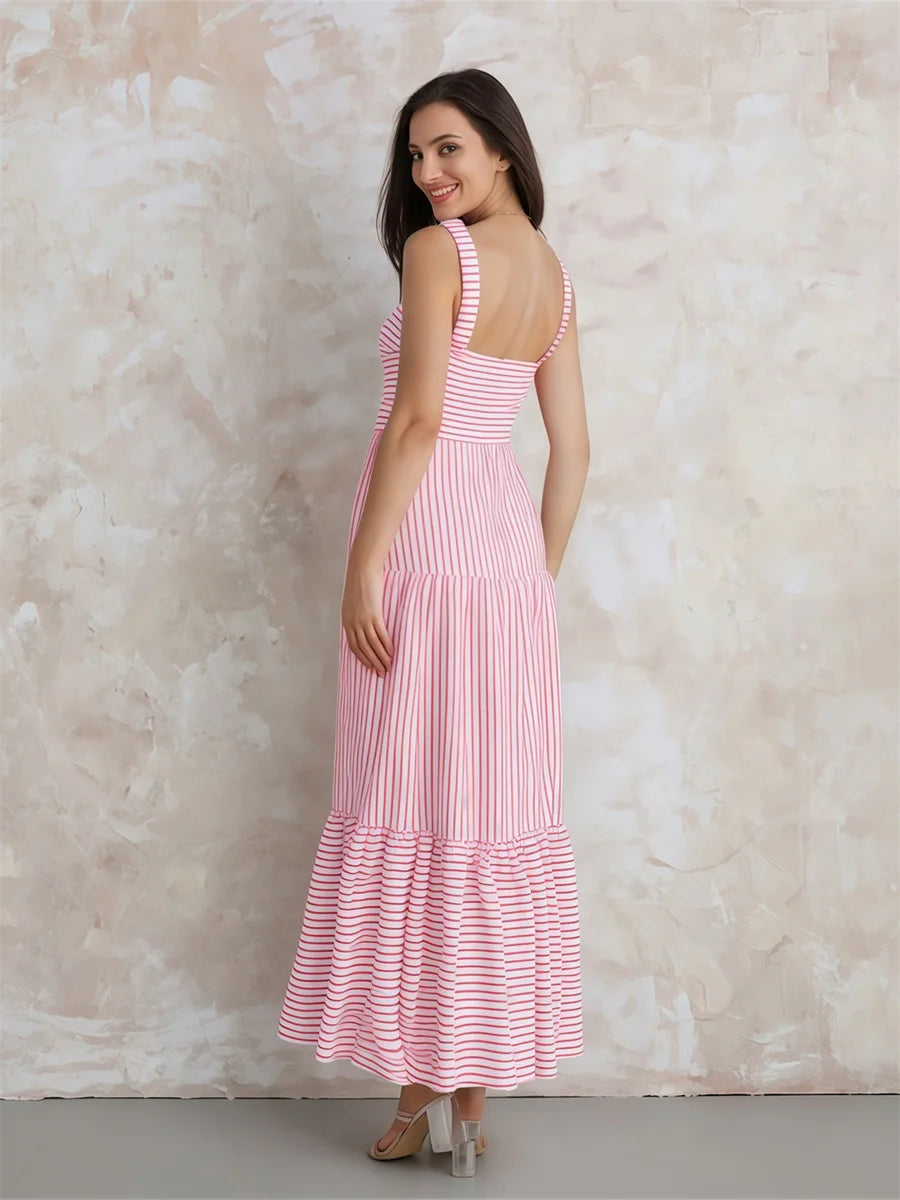 Elegant Floral Print Sleeveless Maxi Dress with Ruffled Hemline for Women