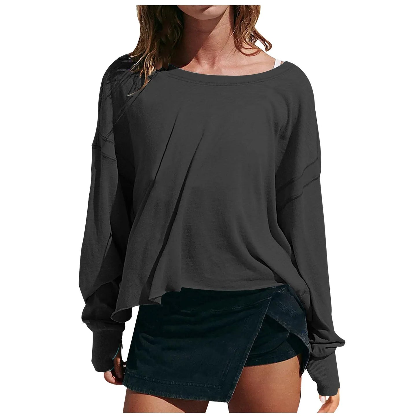 Spring New Solid Color Loose Sweatshirts Fit V Neck Open Back