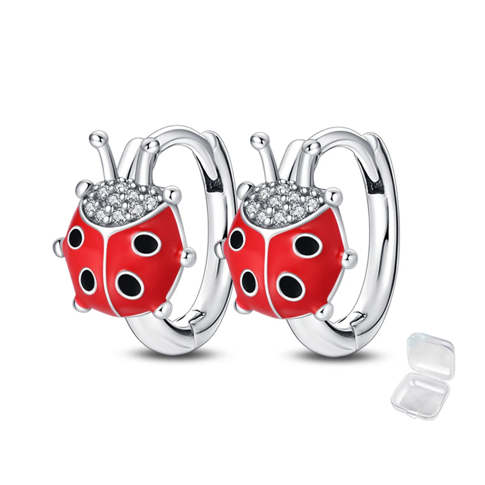 925 Sterling Silver Geometric Colored Striped Ladybug Green Snake Hoop Earrings