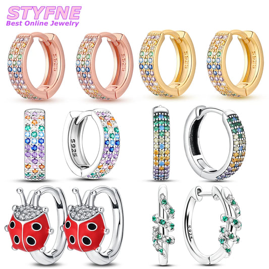 925 Sterling Silver Geometric Colored Striped Ladybug Green Snake Hoop Earrings