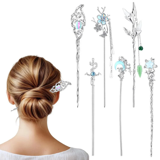 Star Moon Hair Sticks 6 Pack Silver Metal Hairpins Updo Holders For Buns