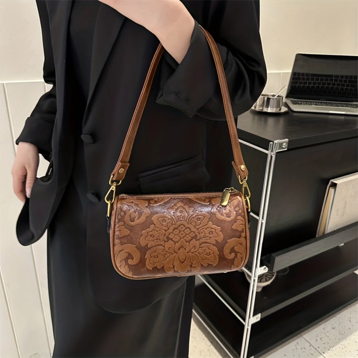Retro Flower Embossed Crossbody Bag,