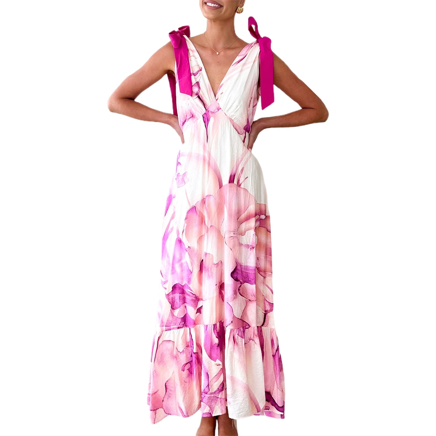 Elegant Floral Print Sleeveless V Neck Maxi Dress with Open Back and Spaghetti Straps