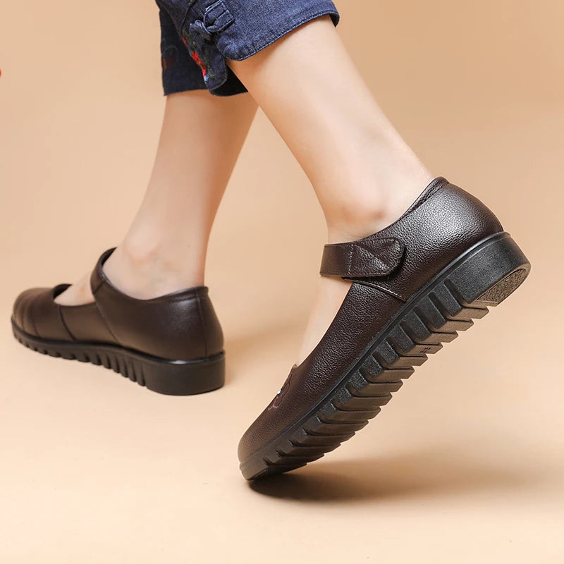 Floral Embroidered Women's Work Flats With Adjustable Strap