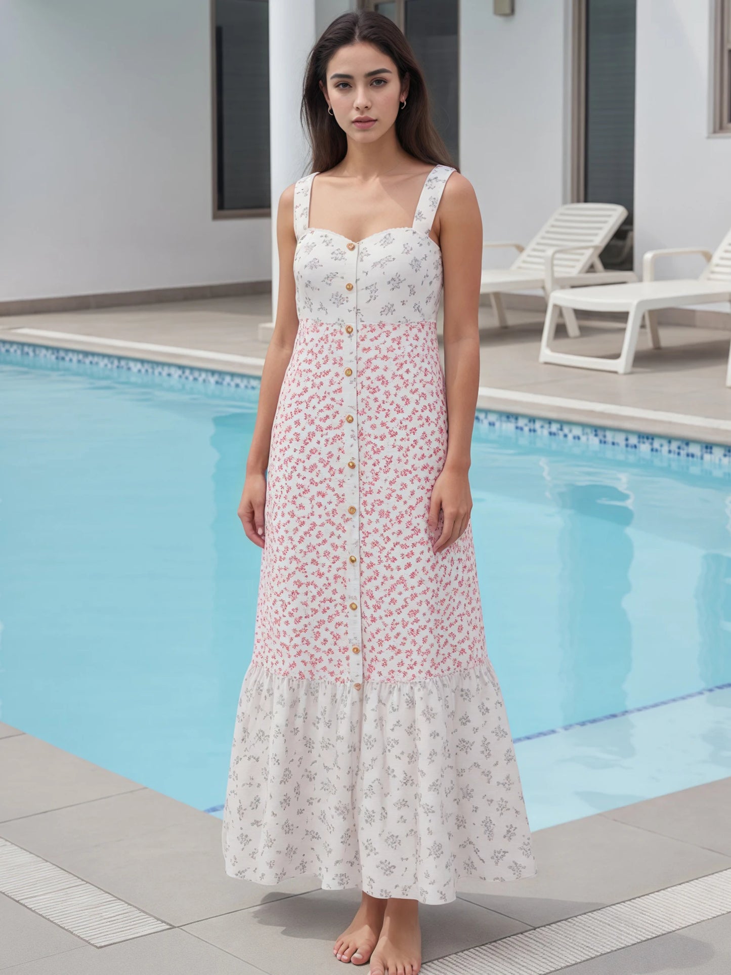 Women V-Neck Maxi Dress Sleeveless Floral Print Summer Dress with Ruffle Hem