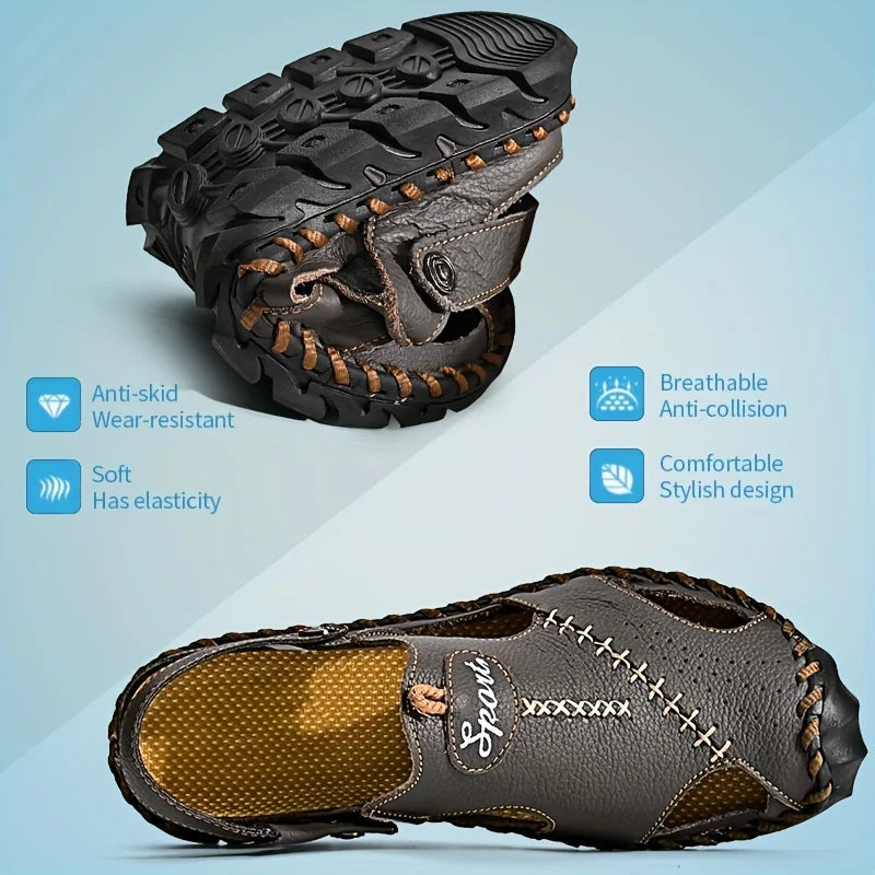 Men's First-layer Cowhide Upper Near-toe Breathable Sandals,