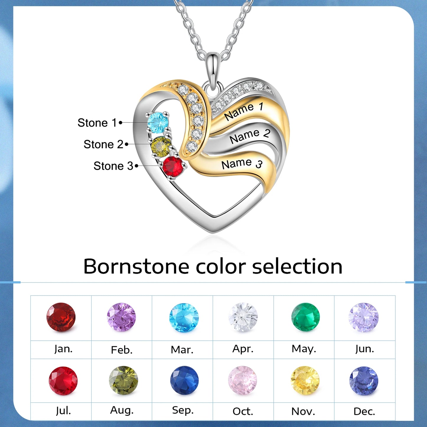 Personalized Love Heart Pendants Necklace 1-5 Kids Names