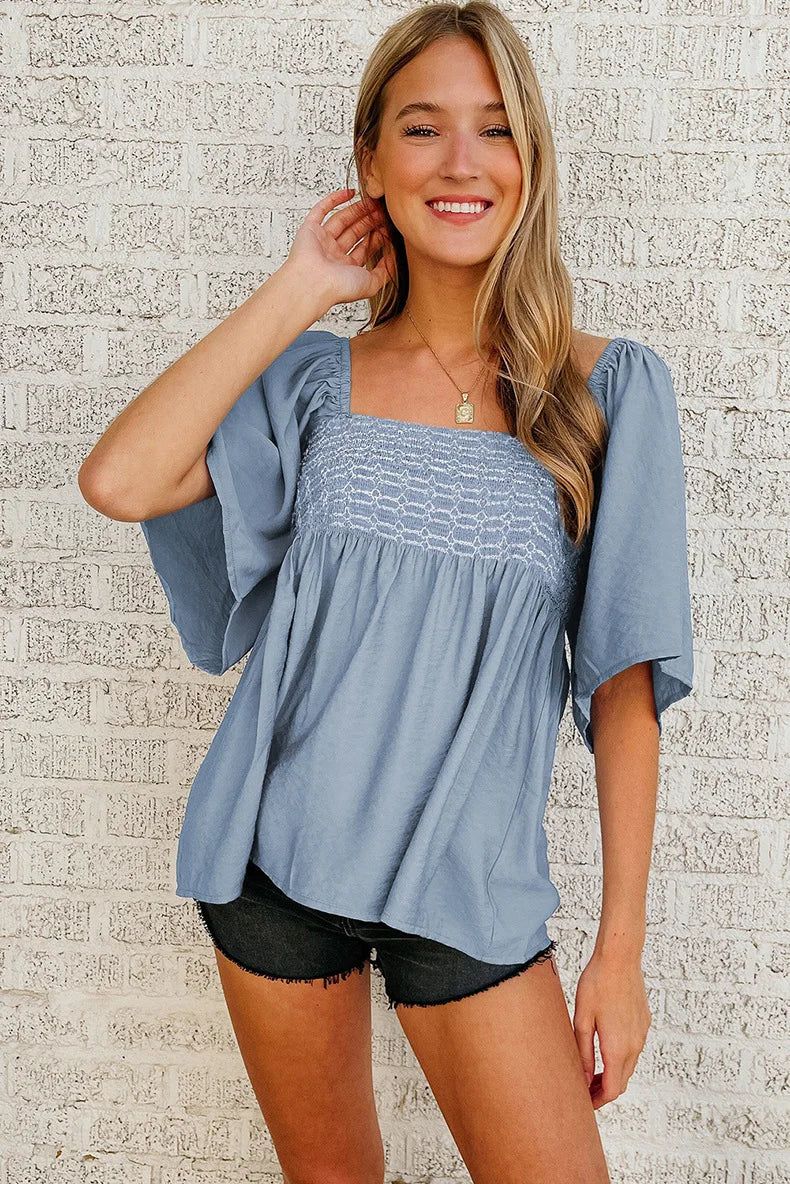 Summer Casual Square Neck Short Sleeve T-Shirt Women