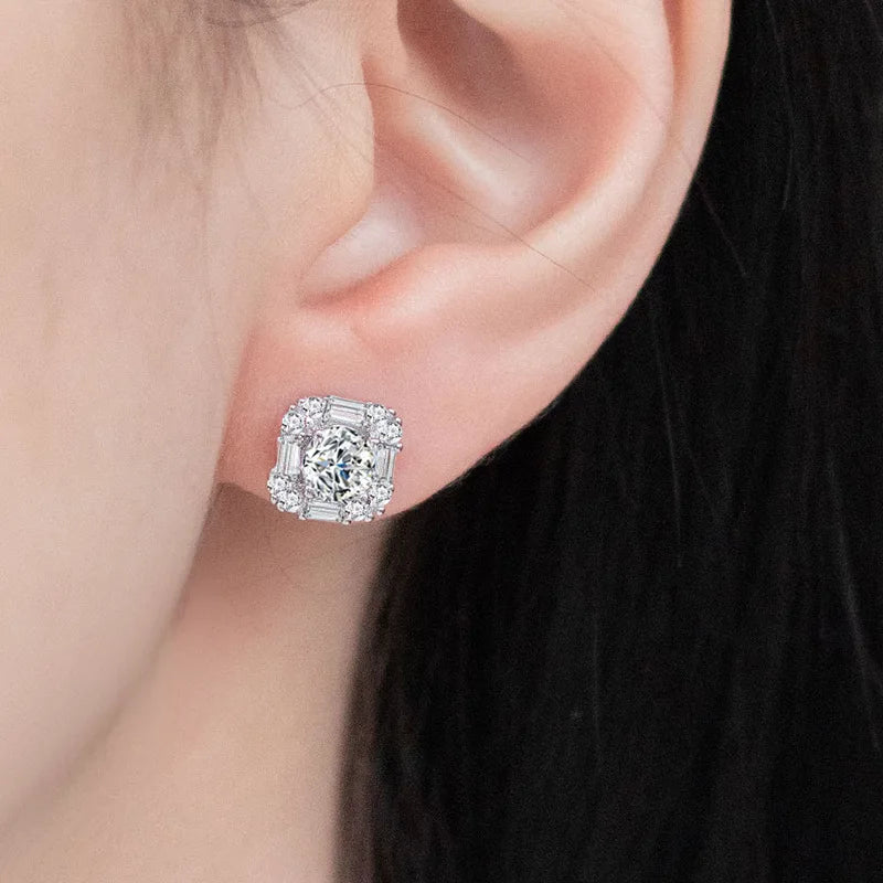 S925 Sterling silver Moissanite earrings, 1 carat square design,