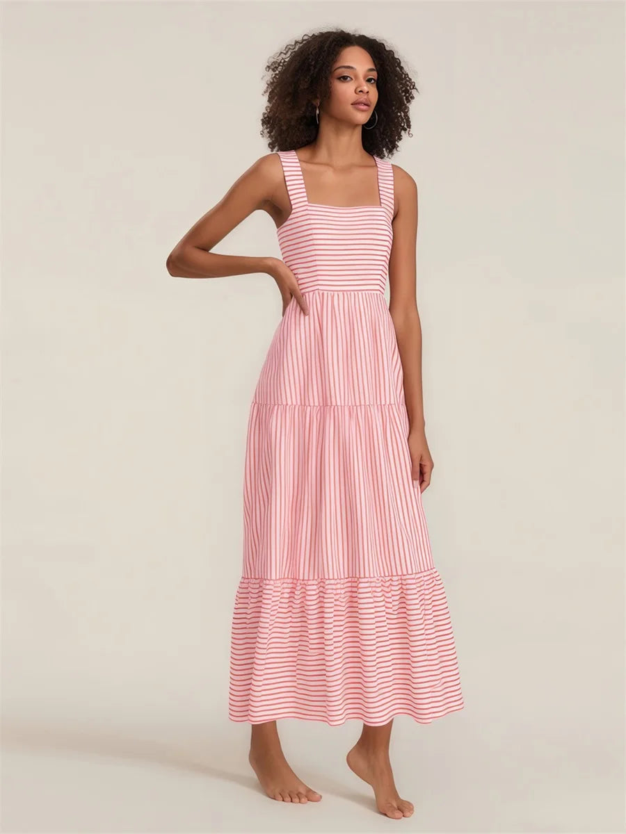 Elegant Floral Print Sleeveless Maxi Dress with Ruffled Hemline for Women
