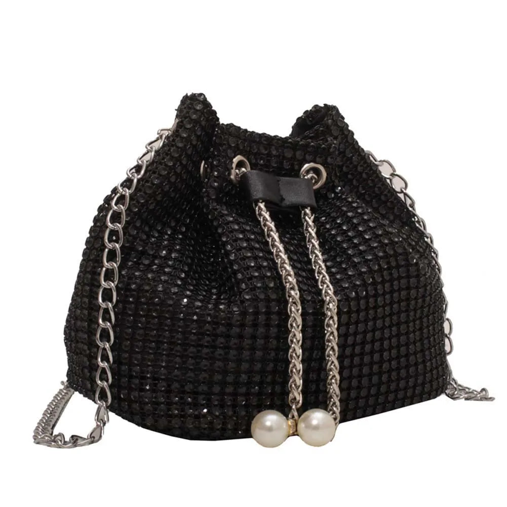 Women Glittering Satchel Bag Solid Color Rhinestone Shinny Sling Purse Drawstring Bling Bucket Bag Female Dating Bag