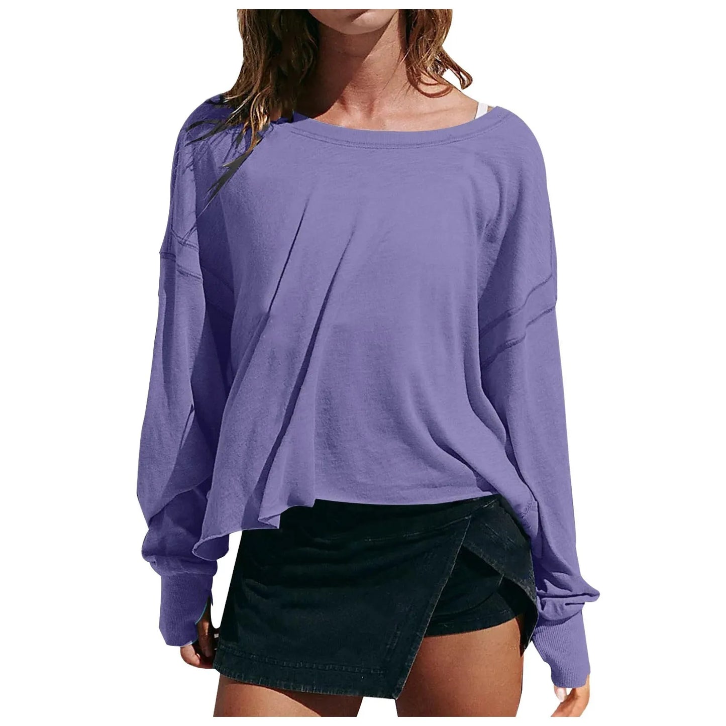 Spring New Solid Color Loose Sweatshirts Fit V Neck Open Back