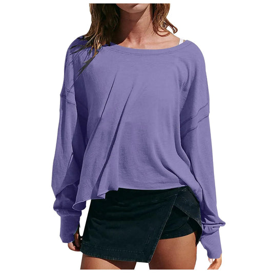 Spring New Solid Color Loose Sweatshirts Fit V Neck Open Back