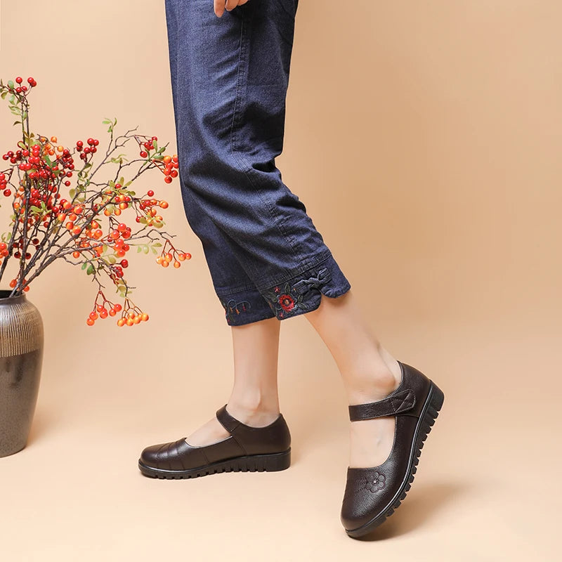 Floral Embroidered Women's Work Flats With Adjustable Strap