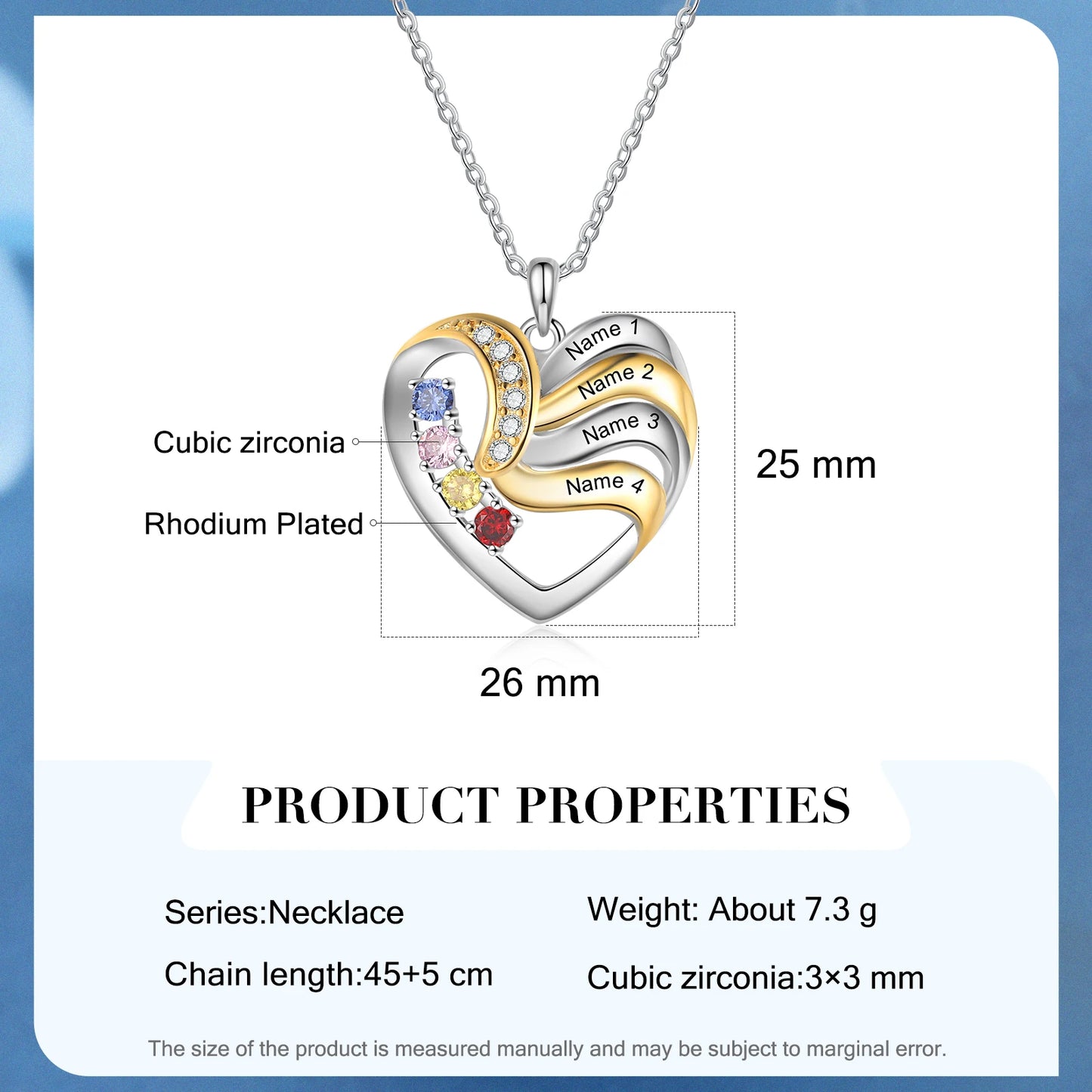 Personalized Love Heart Pendants Necklace 1-5 Kids Names