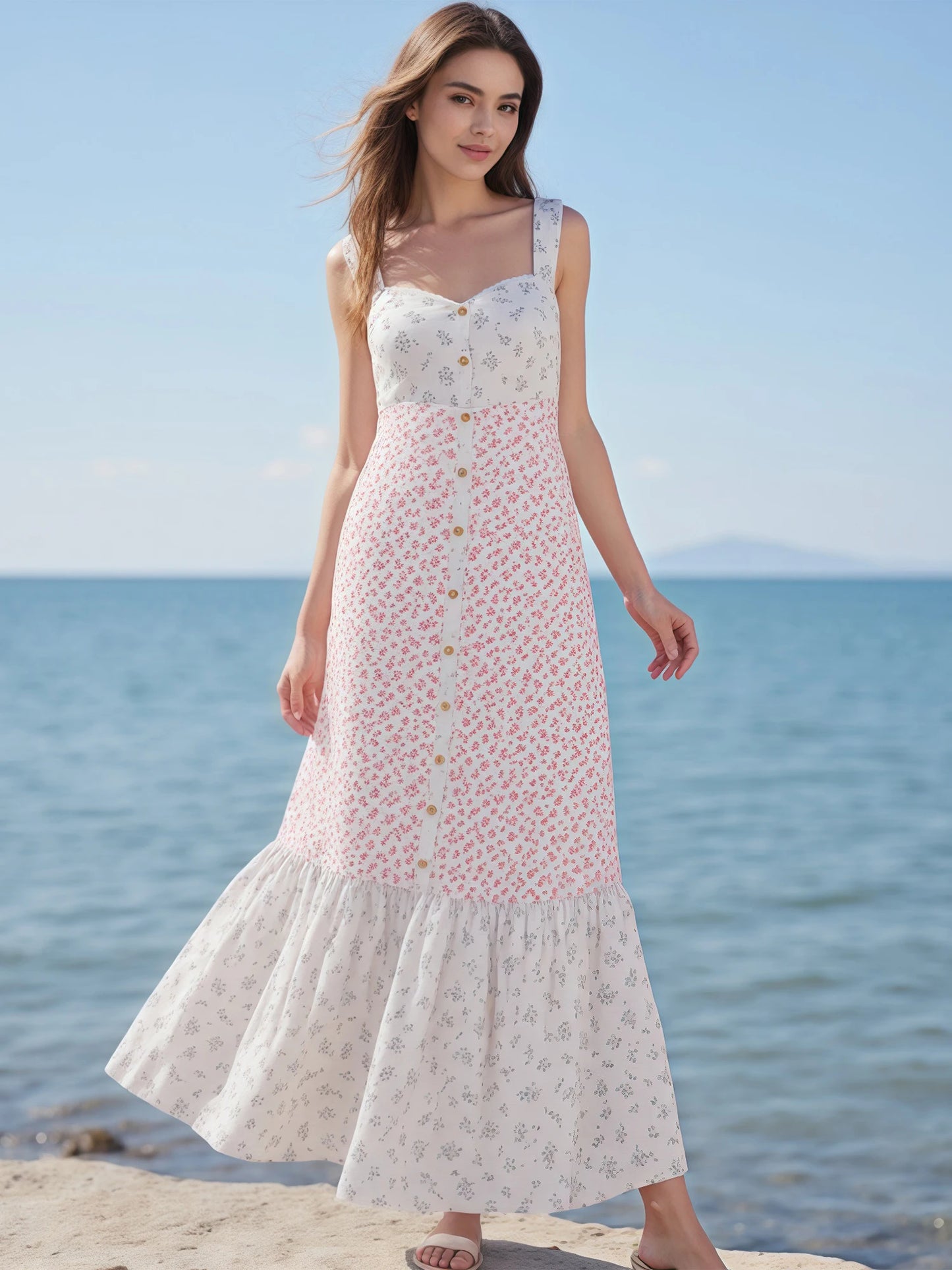 Women V-Neck Maxi Dress Sleeveless Floral Print Summer Dress with Ruffle Hem