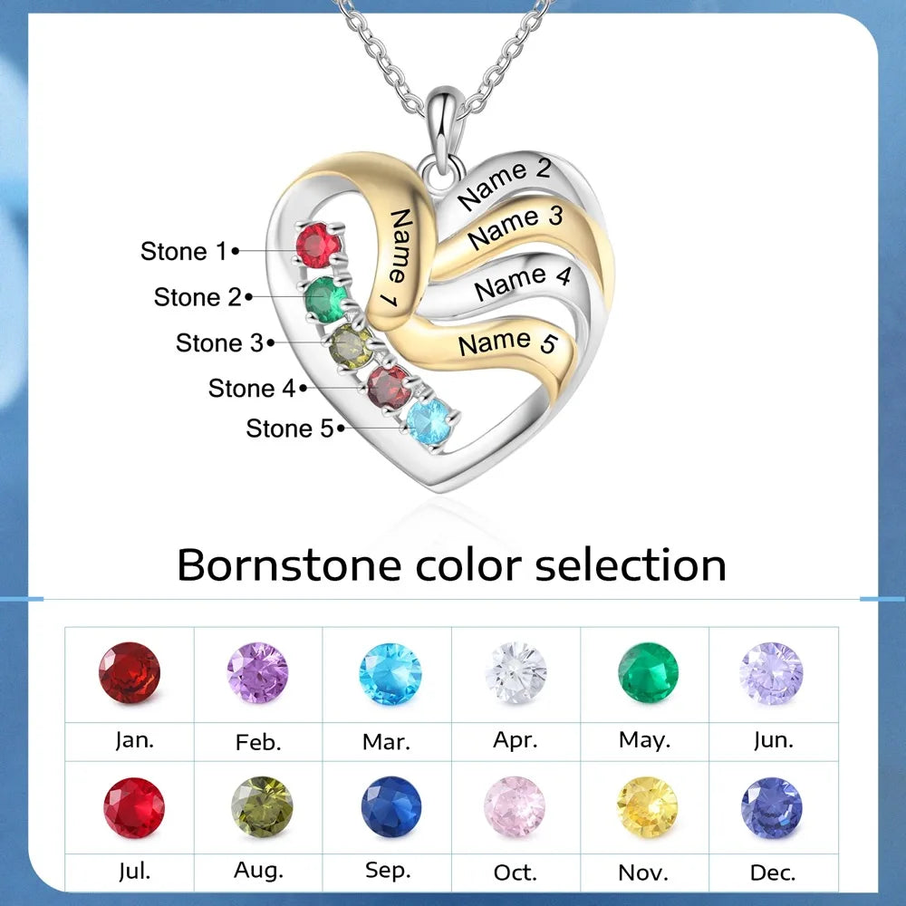 Personalized Love Heart Pendants Necklace 1-5 Kids Names