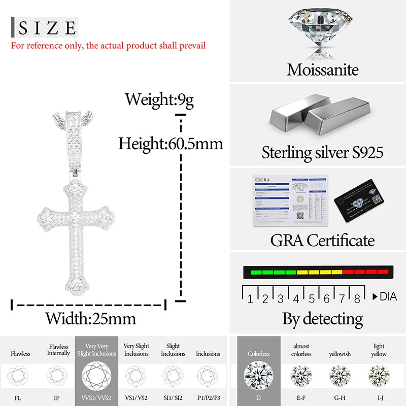 Unisex S925 Cross Pendant Necklace Iced Out Moissanite Gold Silver Color Charm