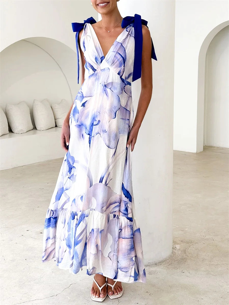 Elegant Floral Print Sleeveless V Neck Maxi Dress with Open Back and Spaghetti Straps