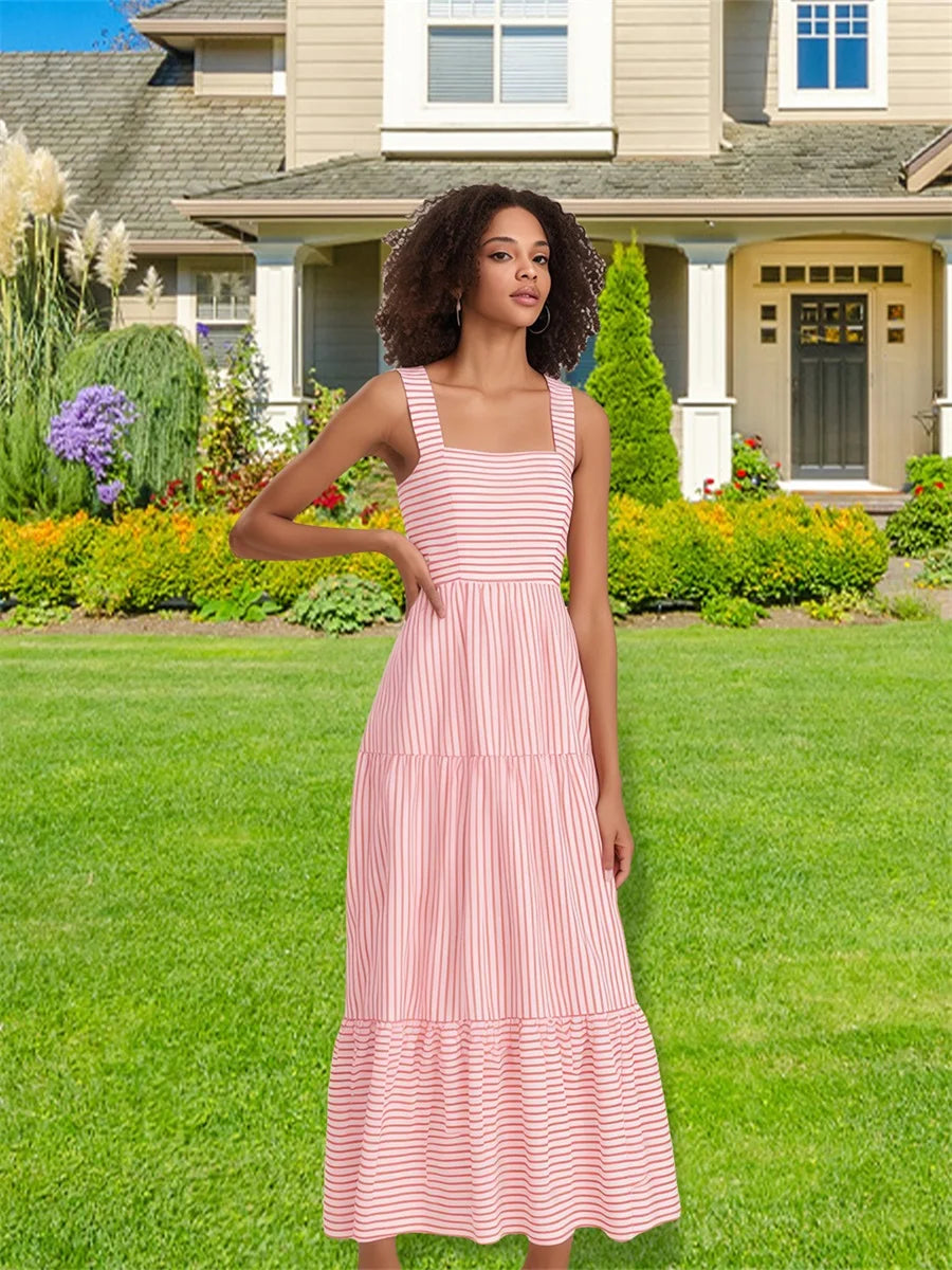 Elegant Floral Print Sleeveless Maxi Dress with Ruffled Hemline for Women