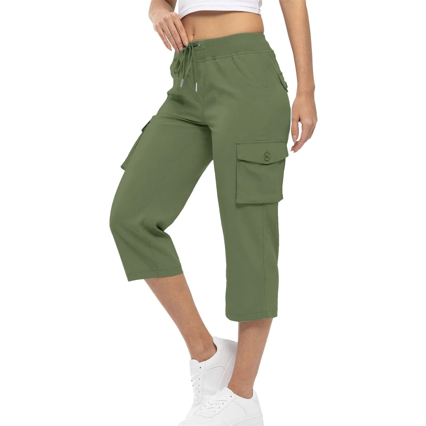 Women Cargo Capris Hiking Pants High Waisted Drawstring