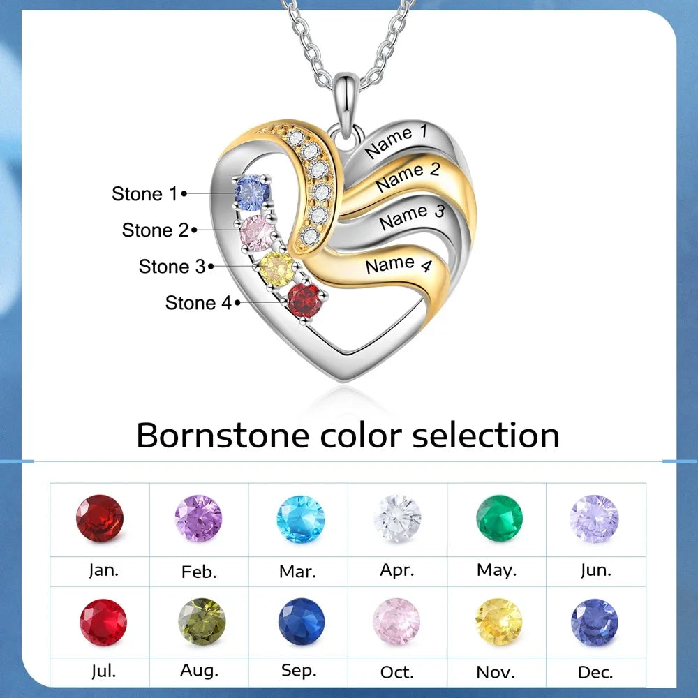 Personalized Love Heart Pendants Necklace 1-5 Kids Names