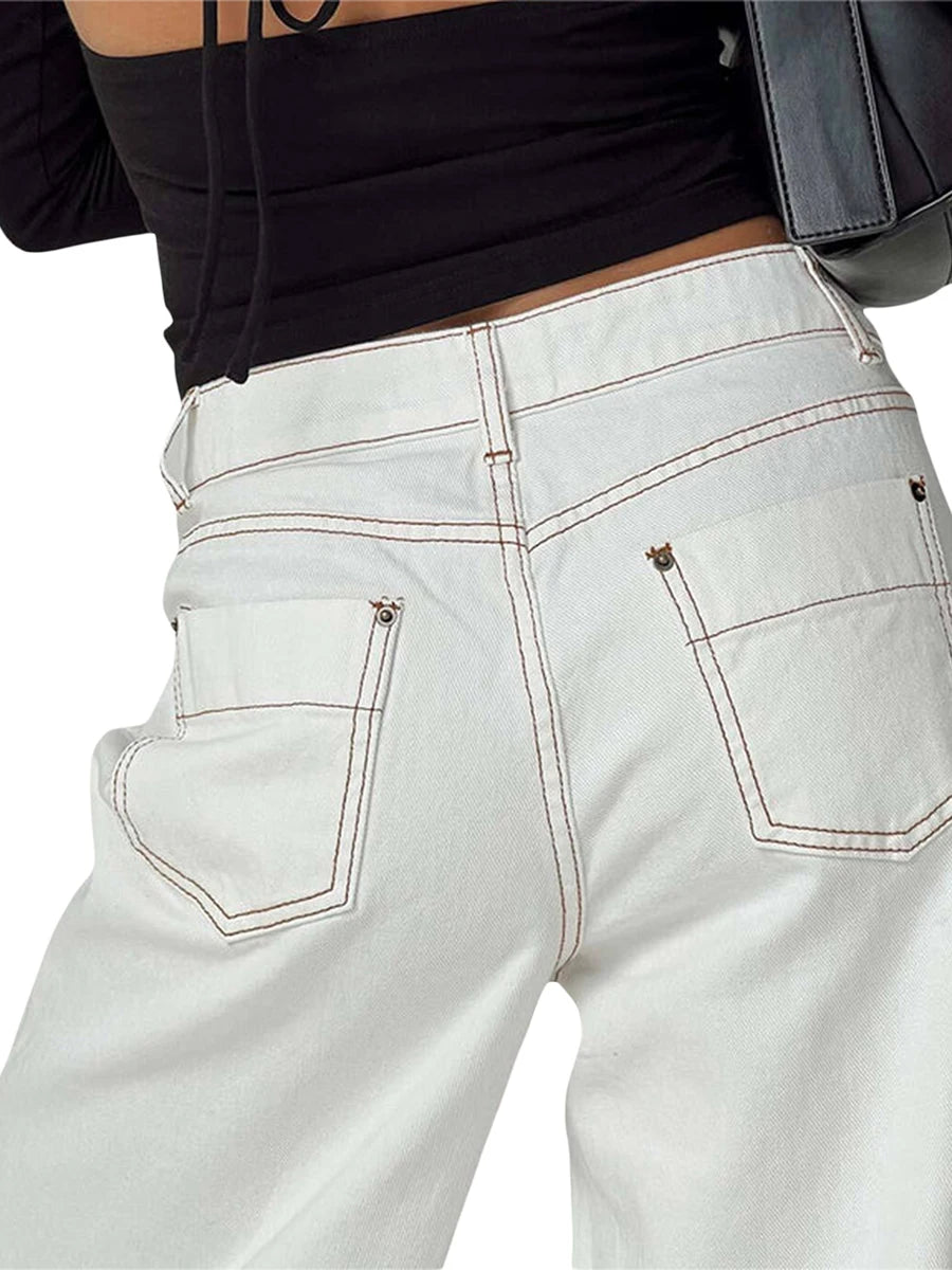 Women Wide Leg Jeans Loose Fit Trousers Casual Denim
