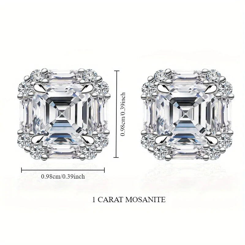 S925 Sterling silver Moissanite earrings, 1 carat square design,