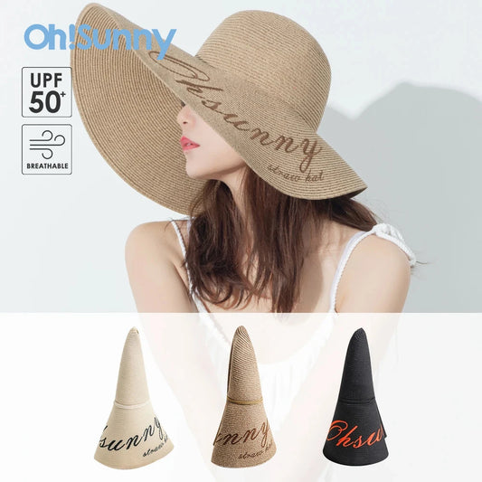 OhSunny Foldable Straw Hat Summer Extra Wide Large Brim